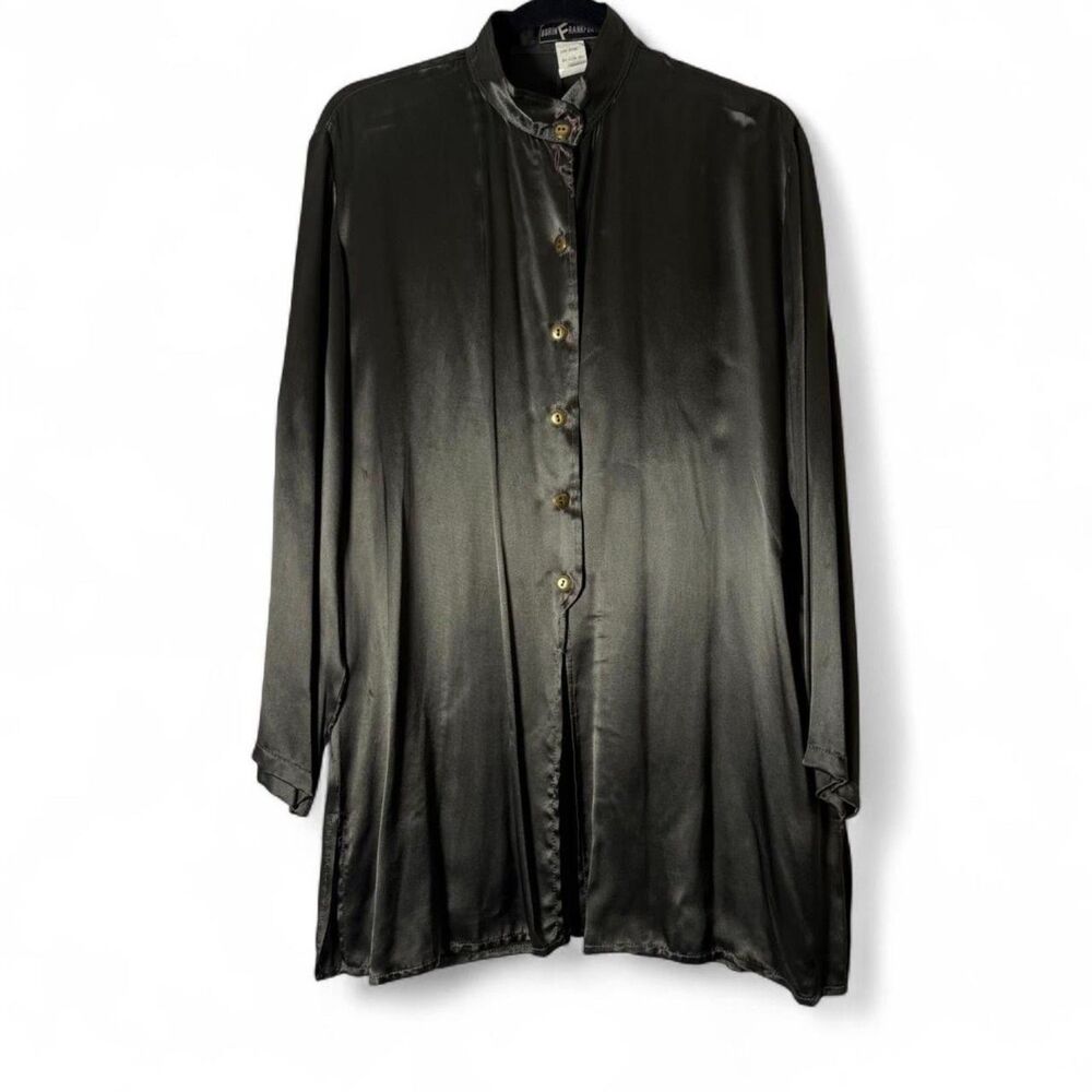 VTG 100% Rayon Olive Gunmetal Satin Button Oversized Blouse sz L / XL - Picture 2 of 9
